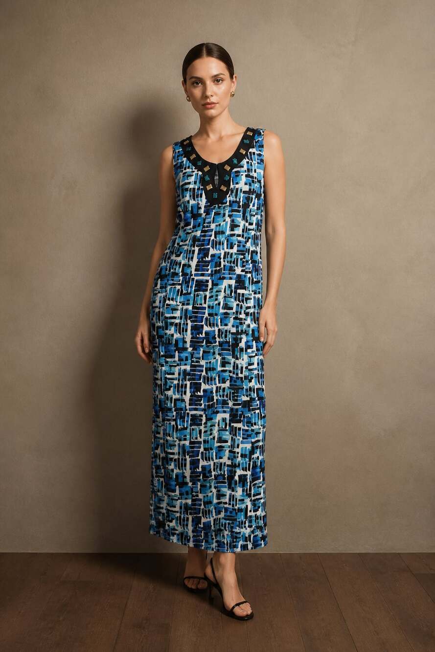 New York Blue Black Abstract Sleeveless Maxi Dress w/Beaded Neckline Size 18